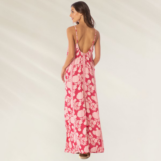Vestido Longo Oasis Candy Flowery Maaji em padrão floral rosa com costas decotadas e alças finas