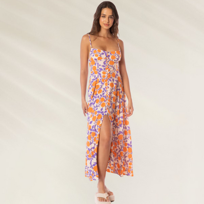 Vestido Longo Sia com Decote Quadrado Maaji floral em tons laranja e roxo com fenda frontal