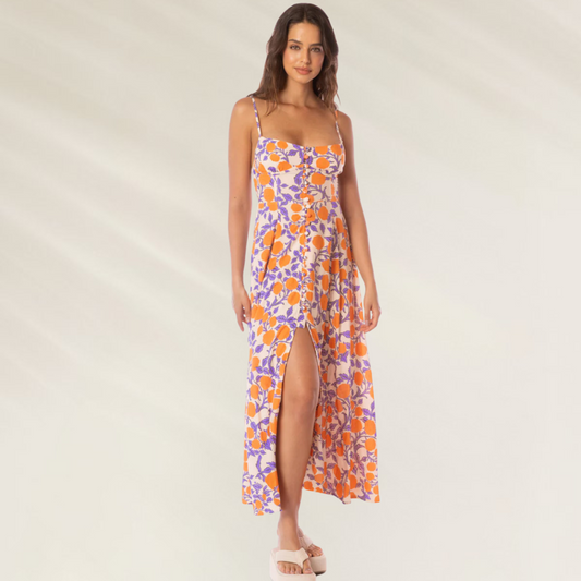 Vestido Longo Sia com Decote Quadrado Maaji floral em tons laranja e roxo com fenda frontal