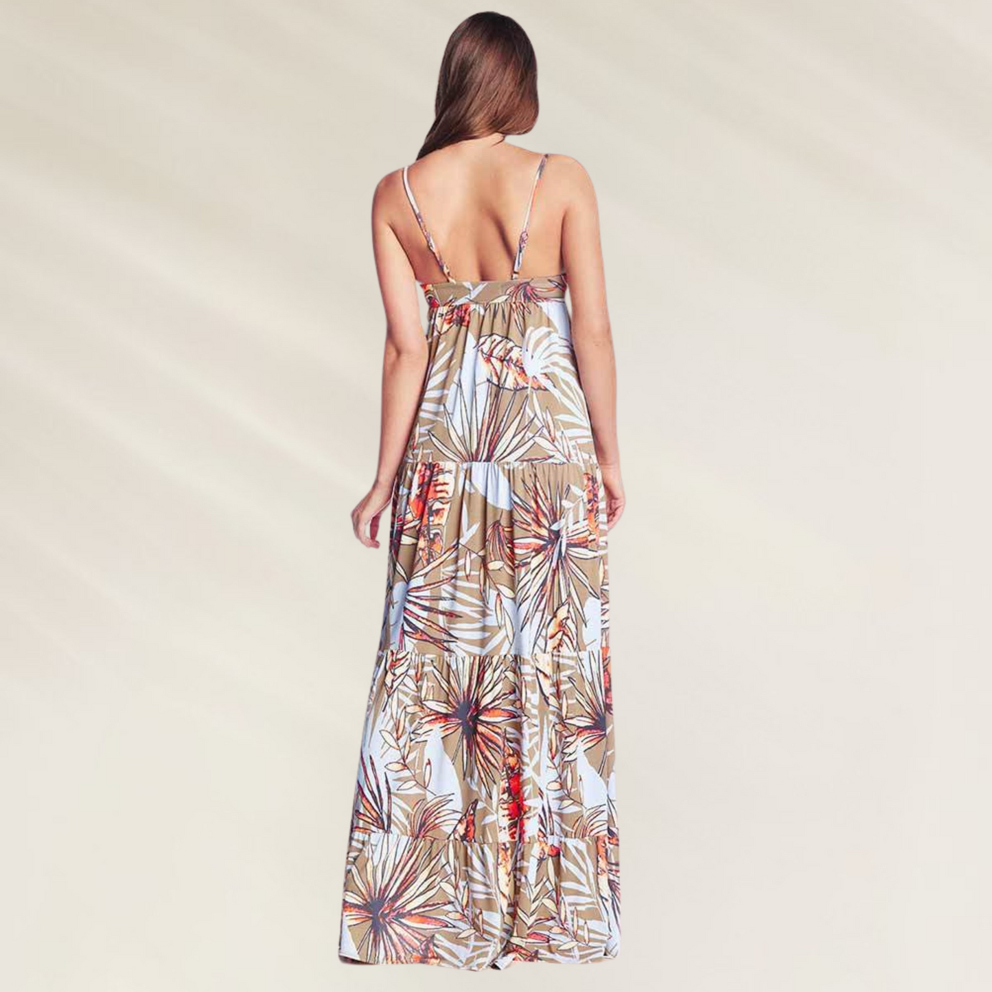 Atrás do vestido longo tropical com alças ajustáveis Maaji, estampado com folhas coloridas