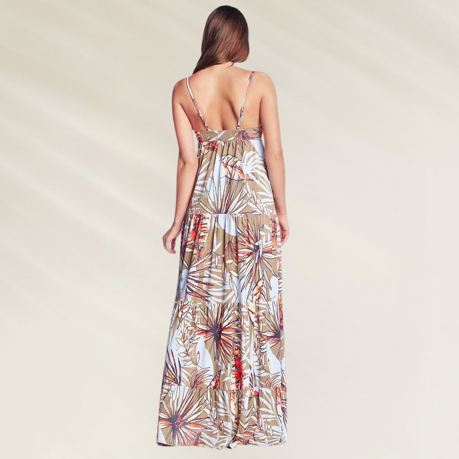 Atrás do vestido longo tropical com alças ajustáveis Maaji, estampado com folhas coloridas