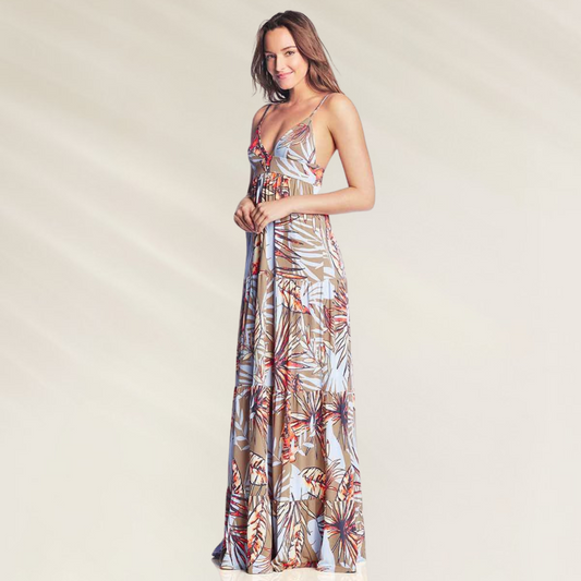 Vestido Longo Tropical com Alças Ajustáveis Maaji em estampa floral vibrante, ideal para dias ensolarados.