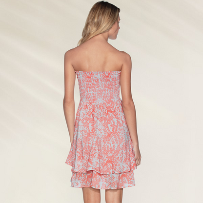 Vestido curto Maaji 2 em 1 com estampa tropical em tons coral e azul claro costas à mostra