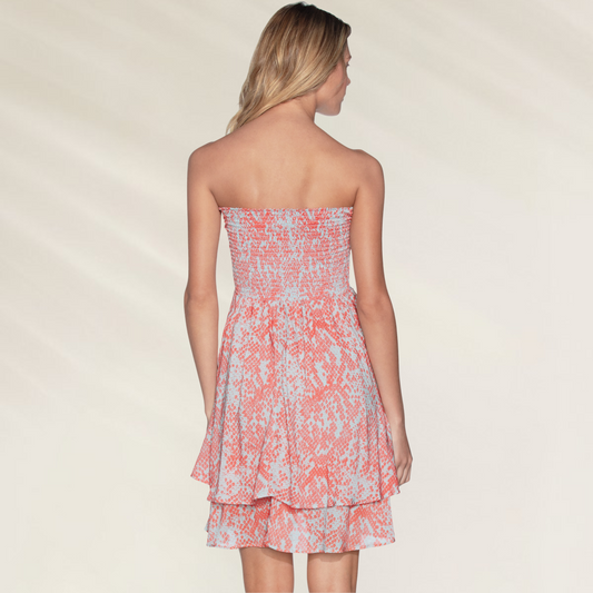 Vestido curto Maaji 2 em 1 com estampa tropical em tons coral e azul claro costas à mostra