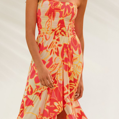 Vestido comprido Maaji com estampa floral em tons de vermelho e amarelo Vestido-Saia Maaji – Versatilidade Incomparável