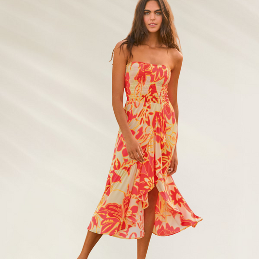 Vestido comprido Maaji floral em tons laranja com design leve e fluido Vestido-Saia Maaji – Versatilidade Incomparável