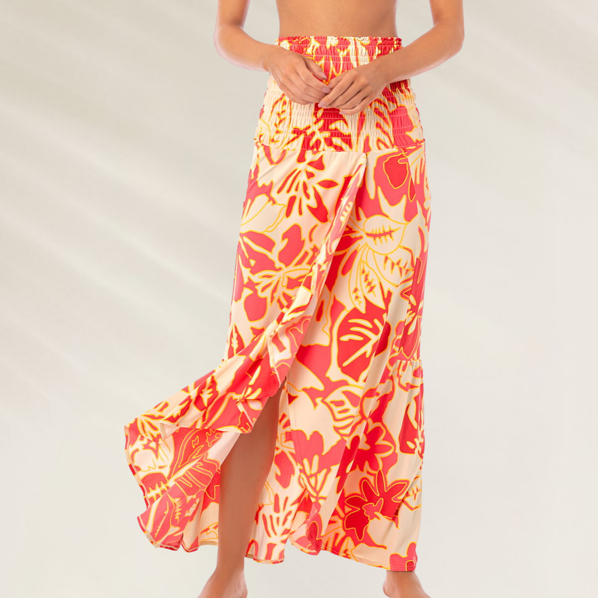 Vestido comprido Maaji com estampa floral vermelha e amarela fluida e elegante Vestido-Saia Maaji – Versatilidade Incomparável