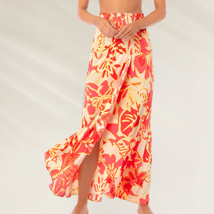 Vestido comprido Maaji com estampa floral vermelha e amarela fluida e elegante Vestido-Saia Maaji – Versatilidade Incomparável