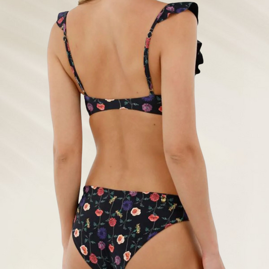 Cueca de Biquíni Malai com Corte Médio e Reversível em estampa floral colorida com fundo preto