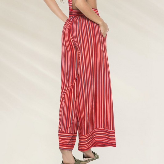 Calça pantalona listrada vermelho e azul cintura alta com bolsos alças Compridas Phax – Conforto e Estilo Tropical.