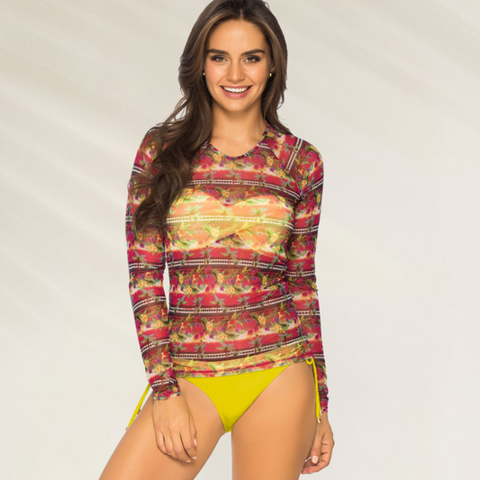 Blusa em Tule com Manga Comprida Phax estampada em tons vibrantes com detalhes florais e amarelos