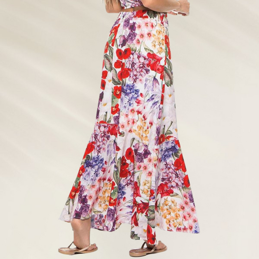 Saia comprida Phax com forro e um estampado floral em tons vibrantes e elegantes