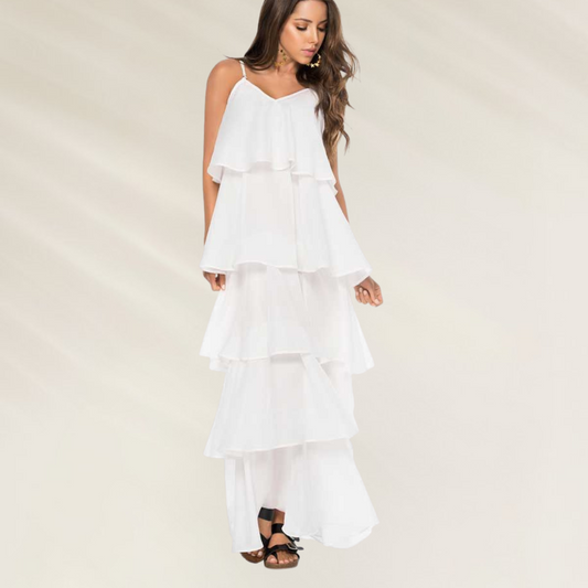 Vestido Comprido com Folhos e com Decote em V Phax branco estilo camadas com tiras finas