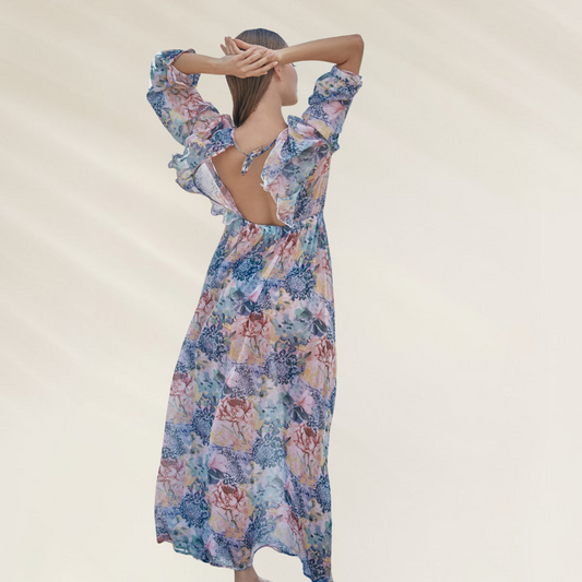 Vestido comprido com mangas Phax em tecido floral colorido com costas abertas