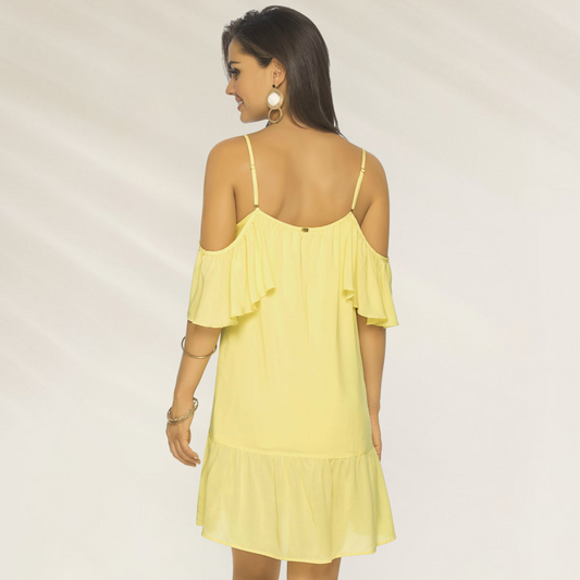 Vestido Curto com Alças Finas e Folhos Phax amarelo em tecido leve usado por mulher vista de costas