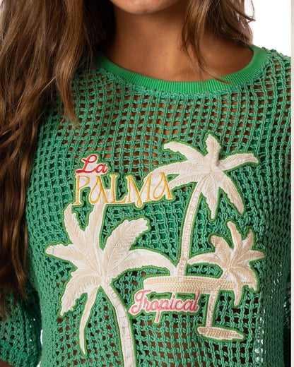 T-shirt croché tropical de inspiração latina com estampa de palmeiras e detalhes coloridos