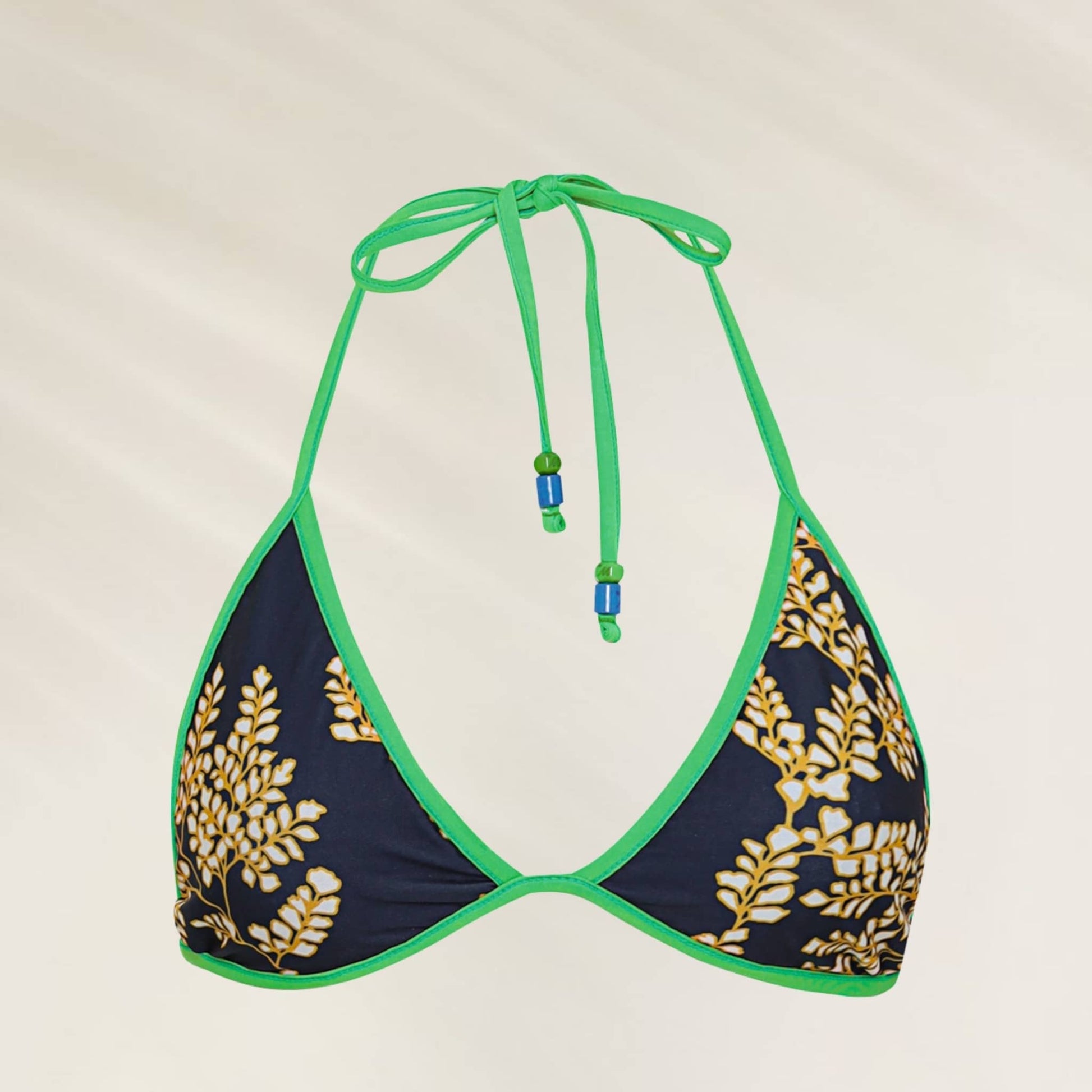 Top de Biquíni Balmy Azul e Verde com estampa floral e detalhes em pérolas coloridas