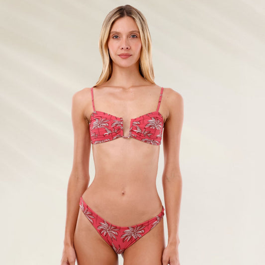 Top de Biquíni Bandeau Aro Tropical Coral com estampa vibrante e alças ajustáveis
