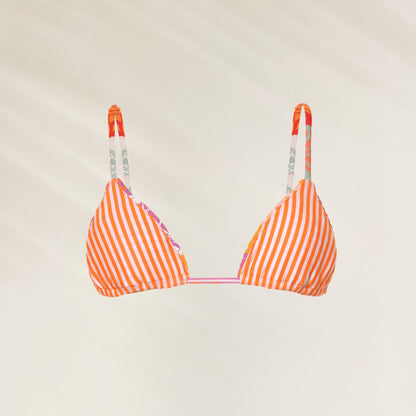 Top de Biquíni Patch Play Zen em listras laranja e rosa, ideal para praia e piscina