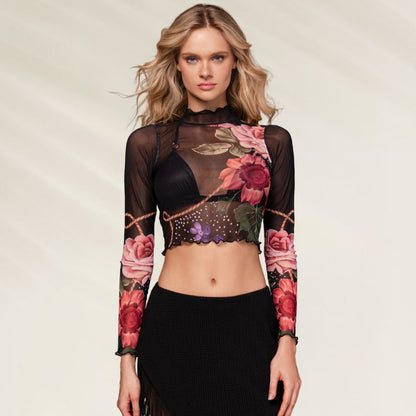Top de Praia Emily Bloom com mangas longas e estampa floral vibrante, ideal para o verão