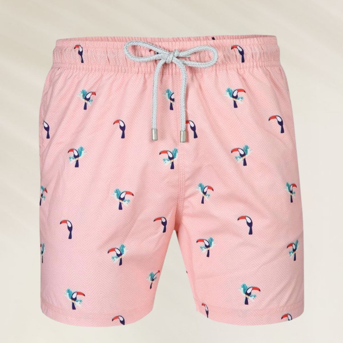 Calções de Banho Homem Toucan em rosa com estampa de tucanos coloridos e cordão ajustável
