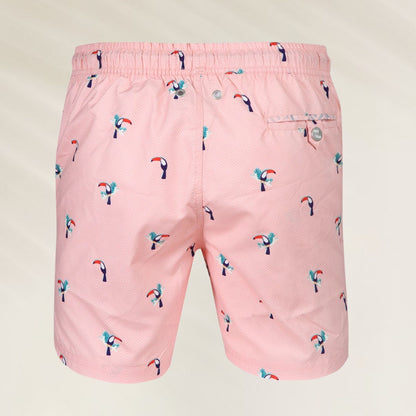 Calções de Banho Homem Toucan da John Frank em rosa com estampas de tucanos coloridos