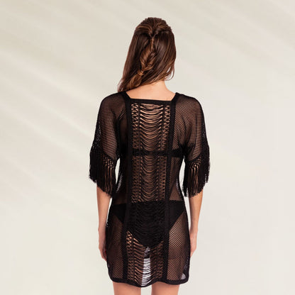 Túnica Gatsby Black da Despi com franjas, estilo leve e elegante para o verão.