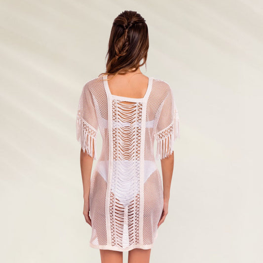 Túnica Gatsby Off White em crochê com detalhes de franjas e design aberto nas costas
