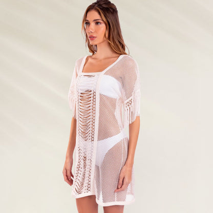 Túnica Gatsby Off White com detalhes de franjas, ideal para looks de praia elegantes
