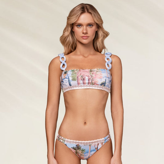 Top de Biquíni Veronica Olimpo com alças decorativas e estampas tropicais para o verão