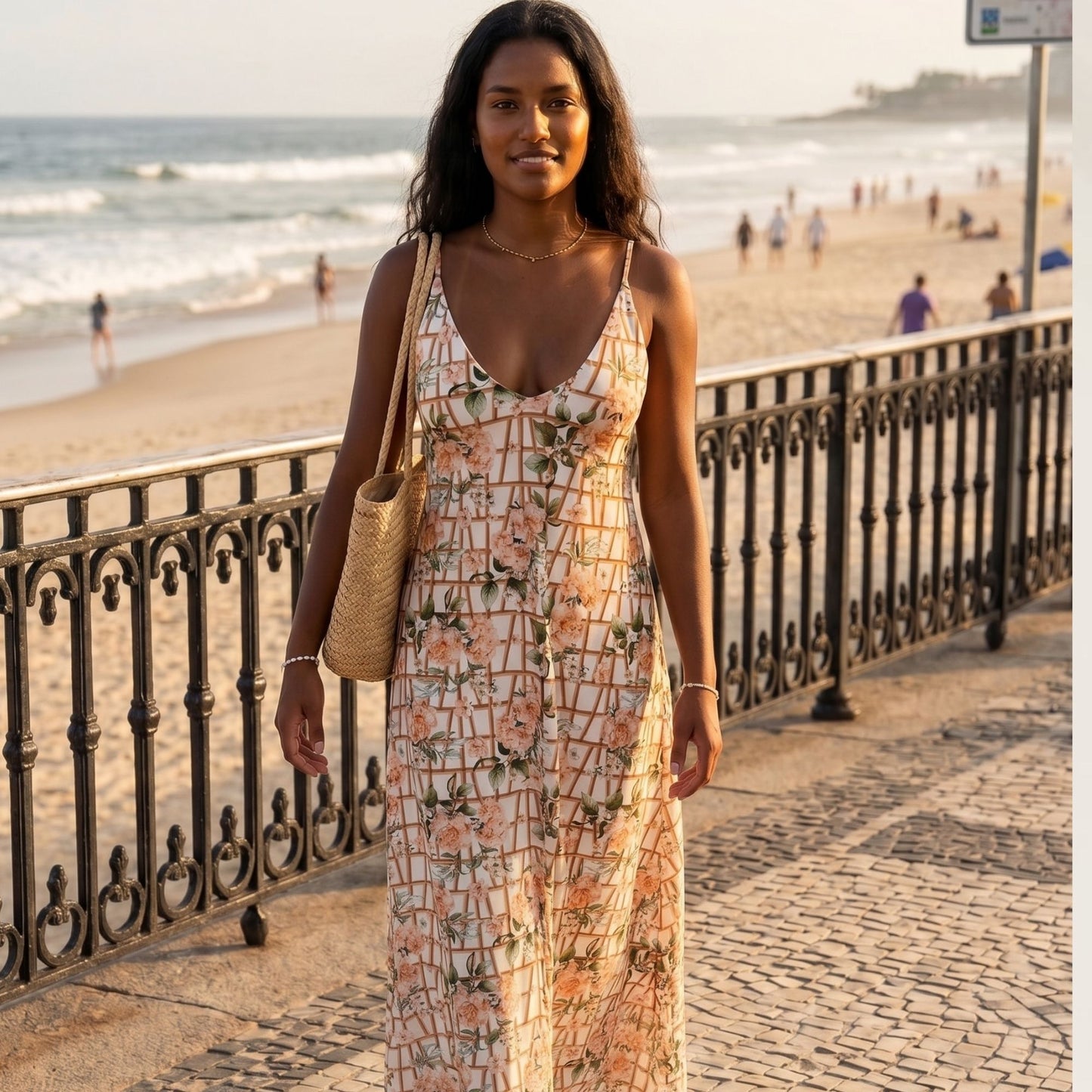 Vestido Comprido Alma da Kalua em estampa floral, perfeito para dias ensolarados na praia