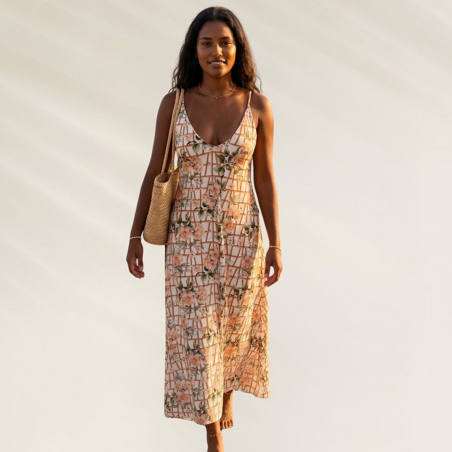 Vestido Comprido Alma da Kalua com estampa floral e decote em V, perfeito para o verão