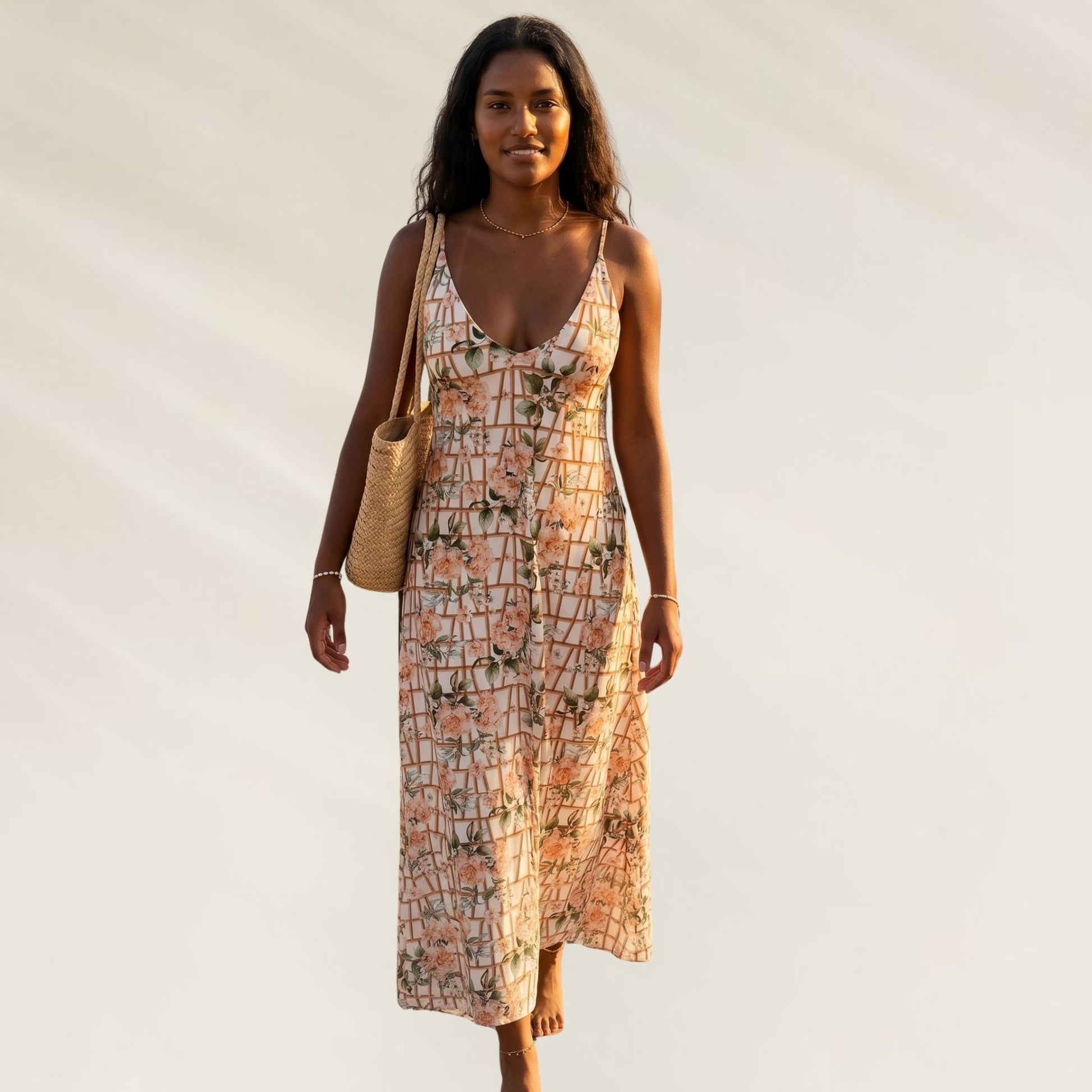 Vestido Comprido Alma da Kalua com estampa floral e decote em V, perfeito para o verão