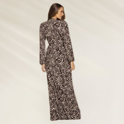 Vestido Comprido Ébano com estampa elegante, ideal para ocasiões formais e descontraídas
