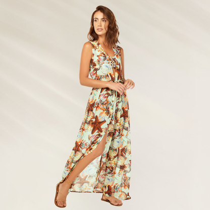 Vestido Comprido Estampado Tropical da Cosita Linda com fenda lateral e estampa vibrante de natureza