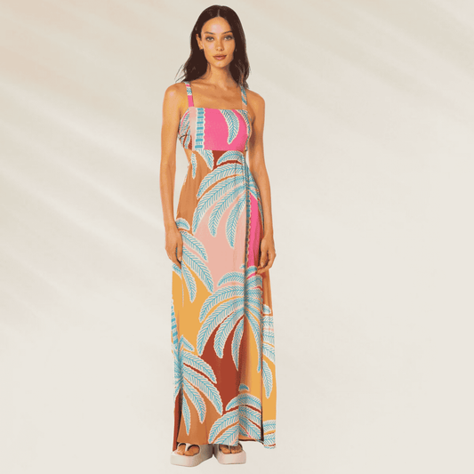Vestido comprido Jungle Whisper Anahi com estampa tropical e alças finas, ideal para o verão