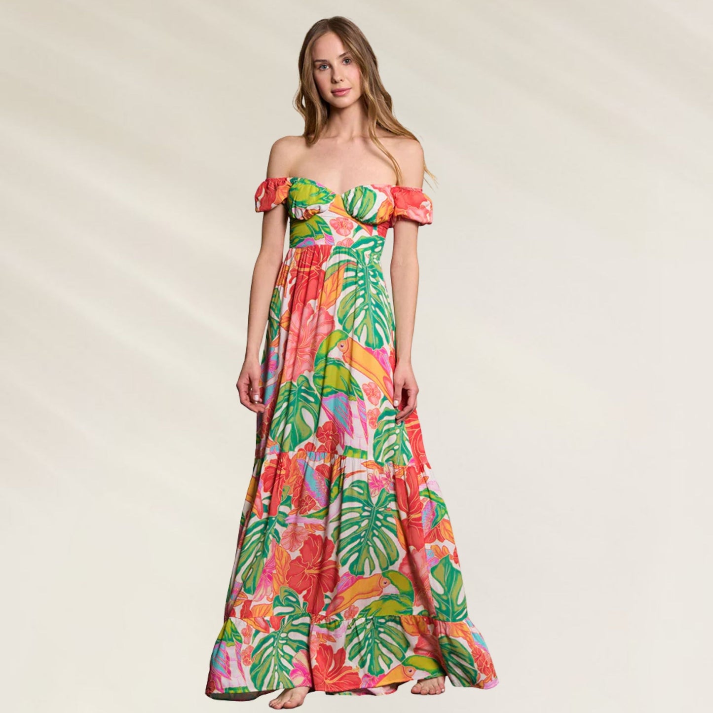 Vestido Comprido Maaji com Mangas de Folho em estampa tropical vibrante e design elegante