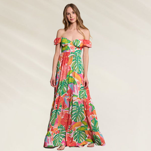 Vestido Comprido Maaji com Mangas de Folho em estampa tropical vibrante e design elegante