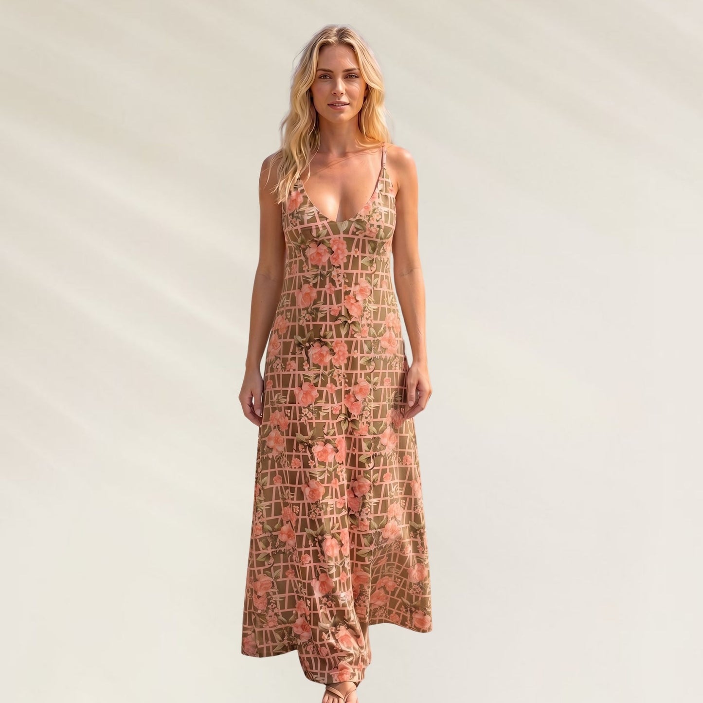 Vestido Comprido Maya da Kalua com estampa floral e decote em V, perfeito para dias quentes