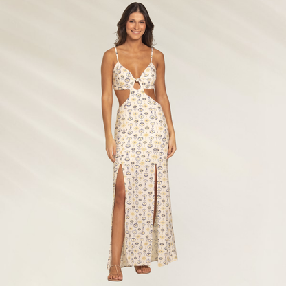Vestido Comprido Mystical Olho Grego com detalhes em recortes e fenda para um look estiloso
