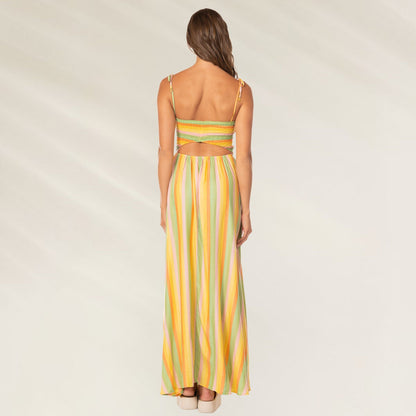 Vestido Comprido Rhythmic Lines Felicia da Maaji com listras em tons amarelo e verde, vista traseira
