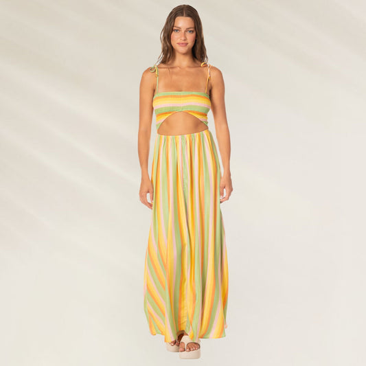 Vestido Comprido Rhythmic Lines Felicia em amarelo e verde com corte estilizado e alças ajustáveis