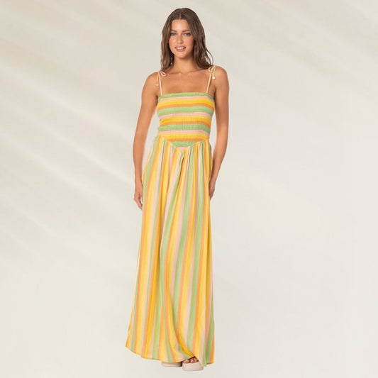 Vestido Comprido Rhythmic Lines Felicia da Maaji com listras coloridas e alças ajustáveis
