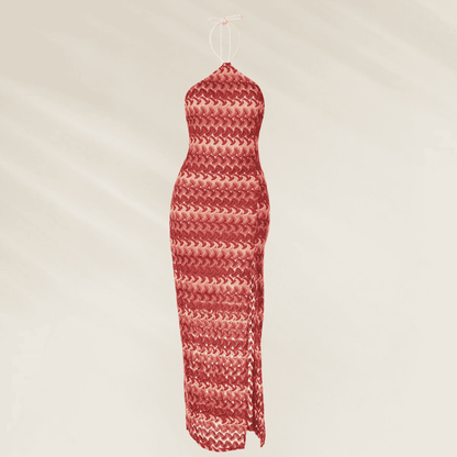 Vestido Comprido Wine Bloom da Maaji com estampa vibrante e detalhe de amarração no pescoço