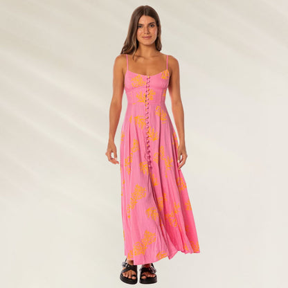 Vestido Coral Reef Sia da Maaji em rosa com estampa vibrante e botões frontais para estilo casual