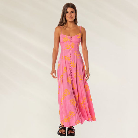 Vestido Coral Reef Sia da Maaji em rosa com estampa vibrante e botões frontais para estilo casual