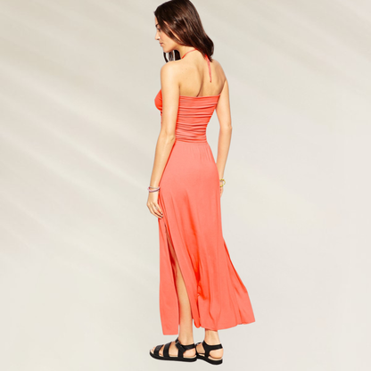 Vestido Coral Versátil Phax longo com detalhe franzido e fenda lateral para estilo elegante