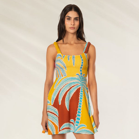 Vestido curto Jungle Whisper Molton com estampa tropical em tons vibrantes para o verão
