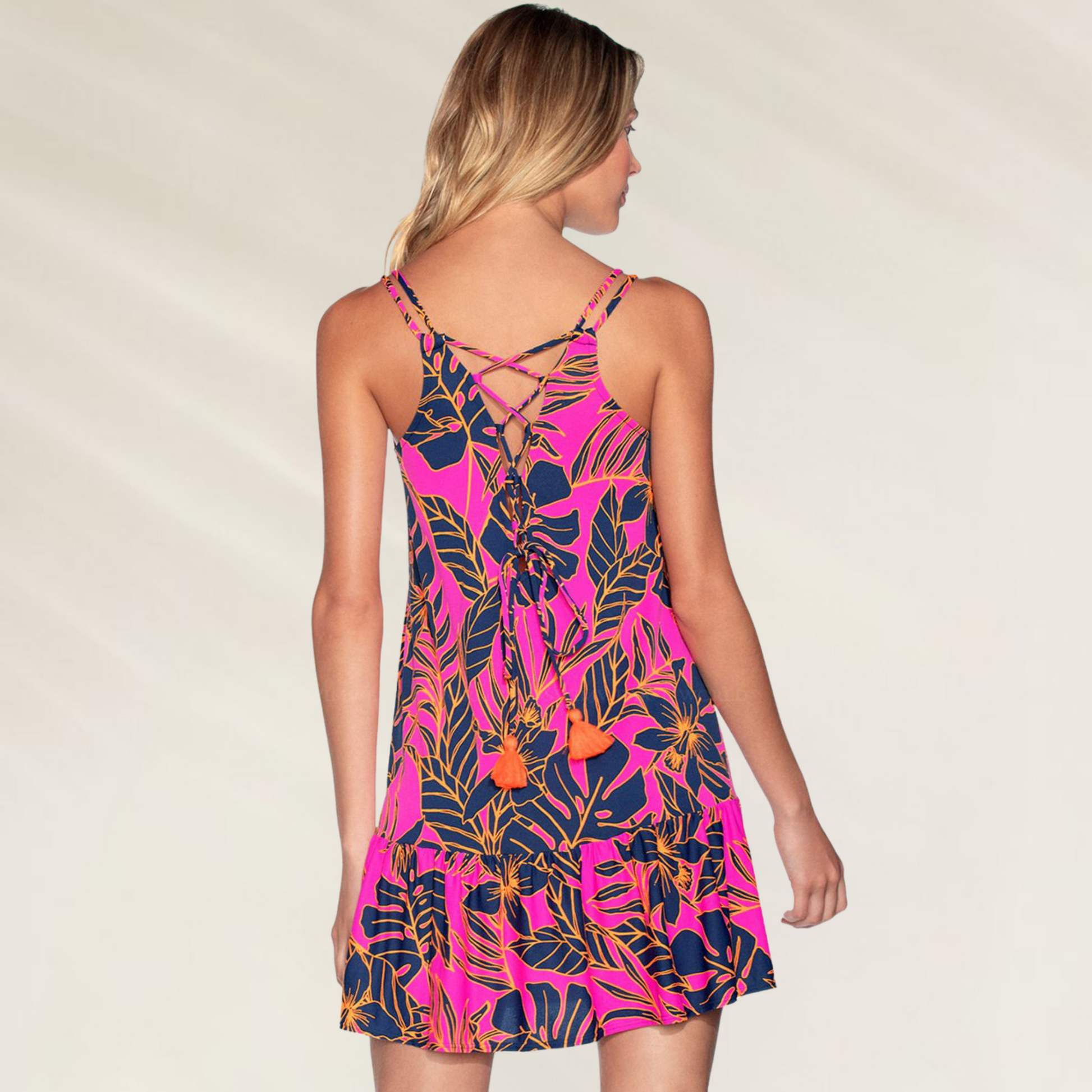 Vestido Curto Maaji Rosa e Navy com estampa tropical e detalhe de laço nas costas