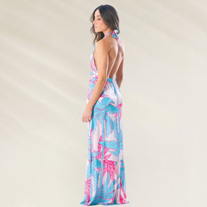 Vestido Halter Maxi Tropical da Phax com estampa vibrante e costas abertas, perfeito para o verão
